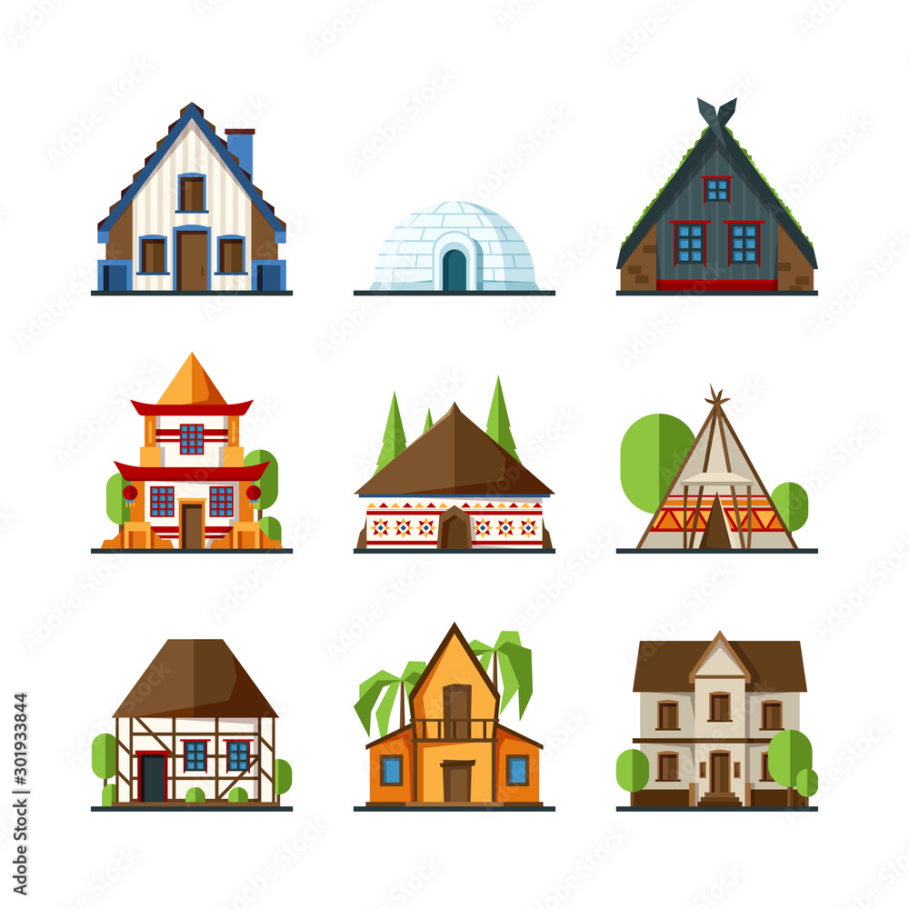 Traditional house. Indian asian rural buildings europe and african constructions vector flat houses. Igloo facade building, model different home for town illustration