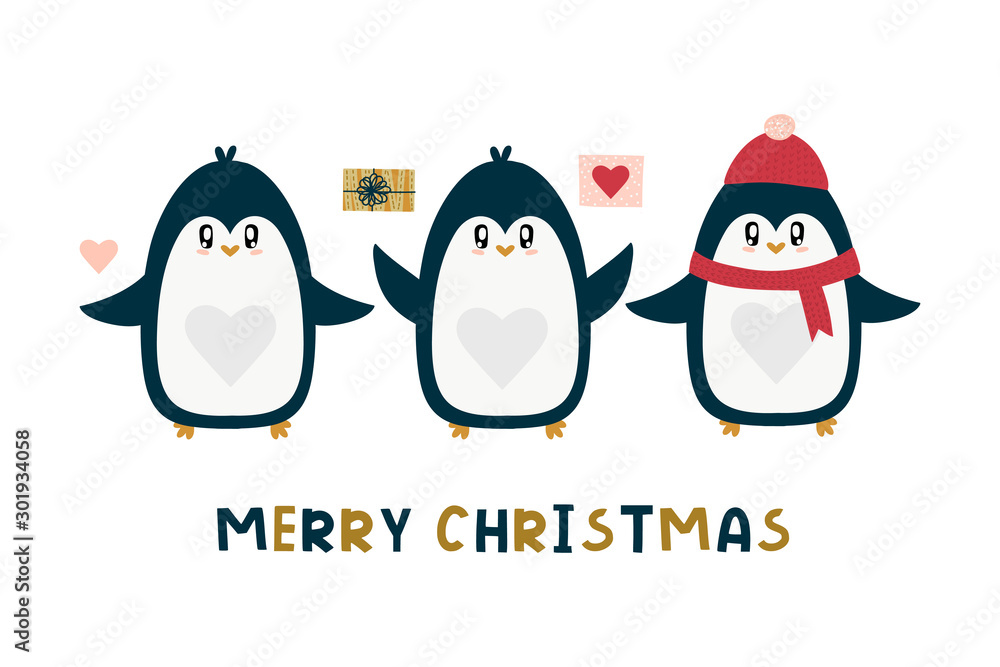 Fototapeta premium Cute cartoon penguins vector prints, winter holidays. Ideal for children’s books, cards, apparel and cloth.