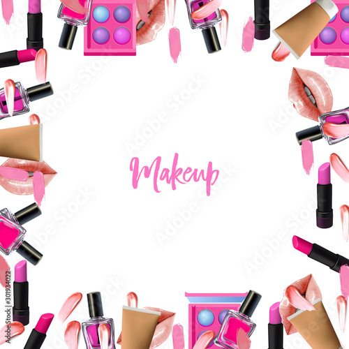 Make up border. Beauty frame with cosmetic products.