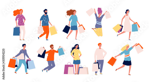 Shopping people. Male and female person buying products in market place vector shopper characters collection. Illustration buyer shopaholic, woman do shopping photo