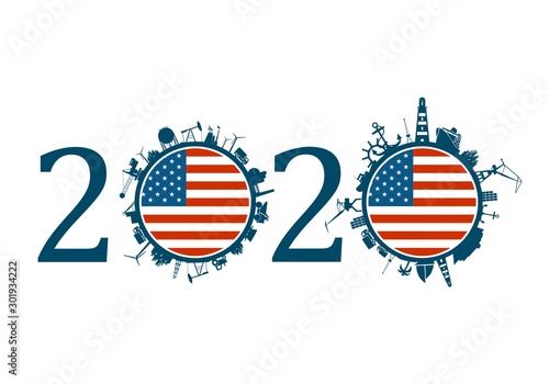 Circle with industry and sea shipping silhouettes. Objects located around the circle. Industrial design background. 2020 year number. Flag of the USA