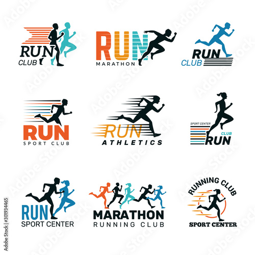 Running logo. Marathon club badges sport symbols shoe and legs jumping running people vector collection. Sport speed, fitness runner distance, club run illustration
