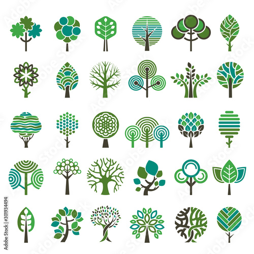 Logo tree. Eco nature wood trees stylized emblems or badges vector collection. Illustration stylized logo tree, emblem badge tree