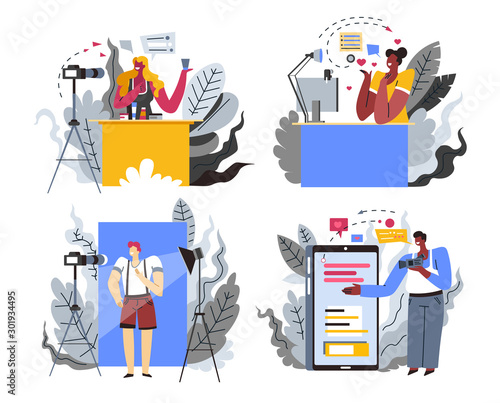 Content maker or Internet blogger profession or hobby isolated icons