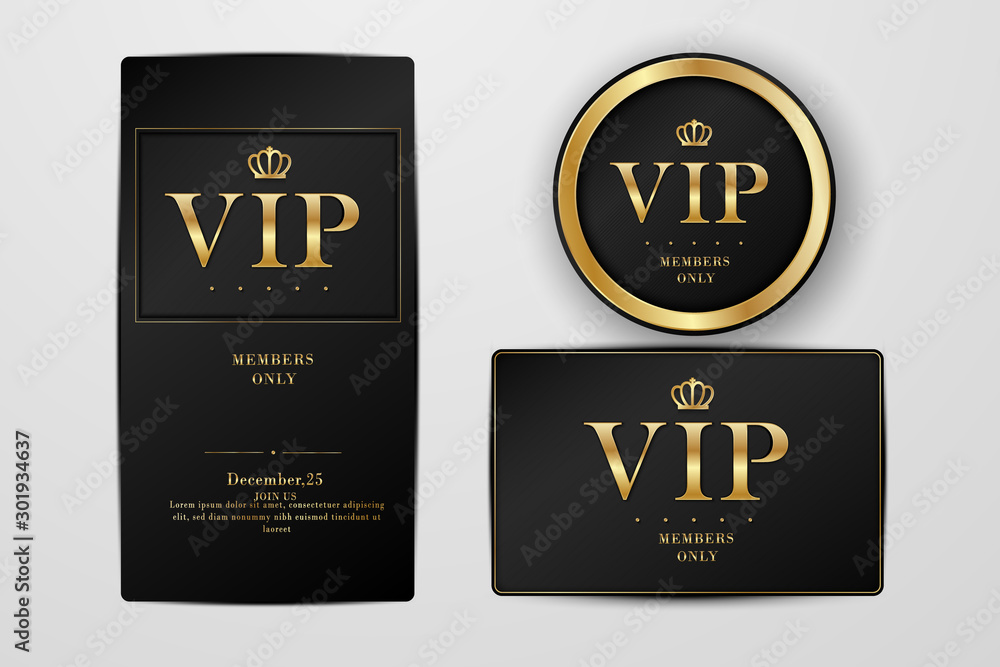 VIP party premium invitation cards posters flyers. Black and golden design template set.