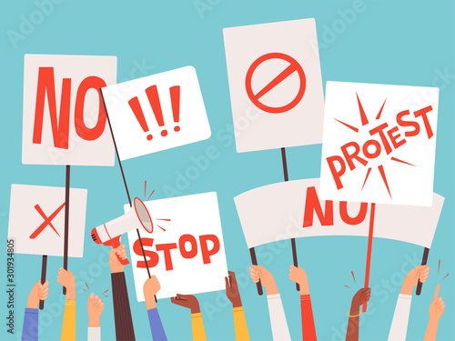Protestors banners. Hand holding blank placards of political manifestation signs vector background concept. Protesting and demonstrator with megaphone, agitation for freedom illustration