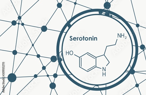 Chemical molecular formula hormone serotonin. Infographics illustration.