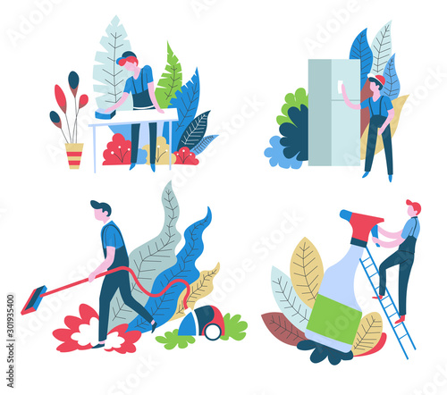 Cleaning services isolated icons, household chores and housework
