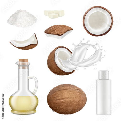 Coconut realistic. Exotic palm tree cut tropical food cocos drink vector illustrations. Milk drink, coconut ingredient fresh, organic palm coco milk