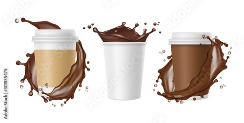 Takeaway coffee. Vector coffee splashes and white realistic paper mug. Cup of chocolate, coffee drink mug, splash and fresh, take away illustration