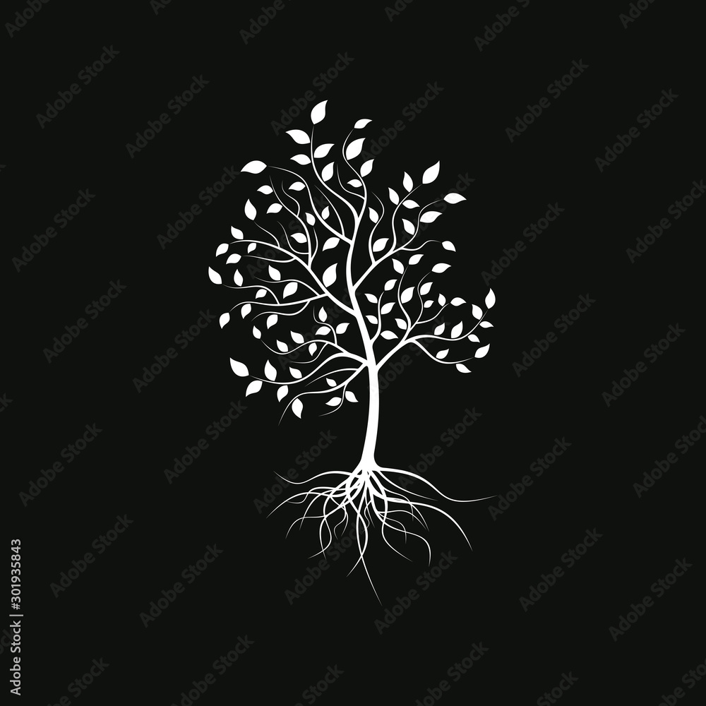 Silhouette of a lonely tree on a black background. Tree silhouette with foliage and roots. 