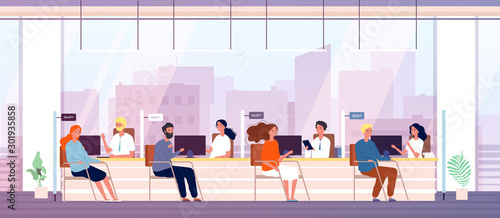 People in bank. Characters in business investment office managers consulting bank financial growth money vector. Illustration interior bank reception, financial cashier