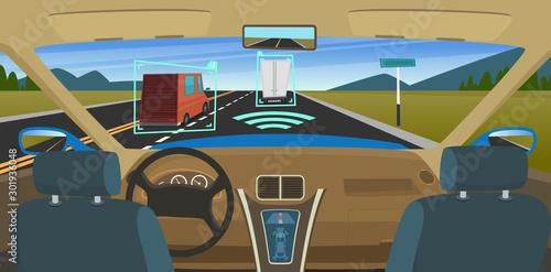 Autonomous car. Feature vehicles new smart computer technology for safety driving sensors systems hud visual vector concept. Autonomous car system, future smart drive illustration