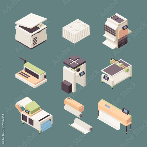 Printing equipment. Paper industry offset printer plotter rolls inkjet cutter folding creasing machines vector isometric. Equipment isometric inkjet printer, scanner computer device illustration