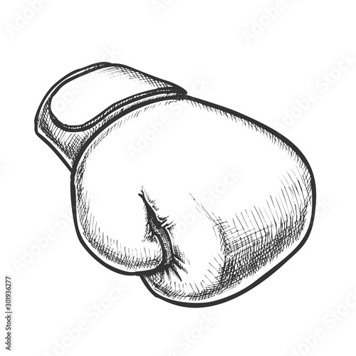 Boxing Glove Protect Sportwear Monochrome Vector. Single Junior Box Glove For Knock Down Competition On Ring. Engraving Layout Designed In Vintage Style Black And White Illustration