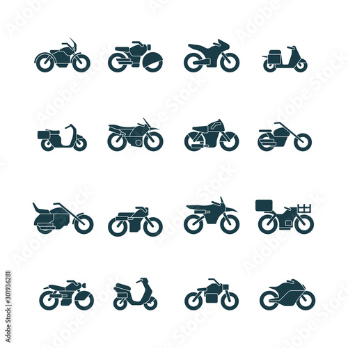 Street bikes symbols. Silhouettes of urban transport cycle touring motorbike chopper vector collection of vehicles. Motorcycle and motorbike, bike silhouette illustration © ONYXprj