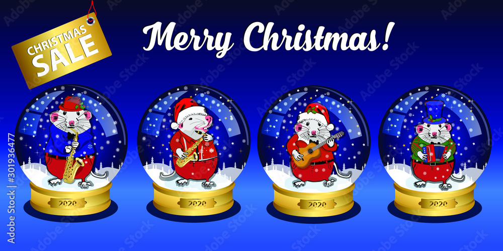 Christmas snow globe. Funny Christmas mouse plays a musical instrument and congratulates on the holidays. For design cards and greetings.