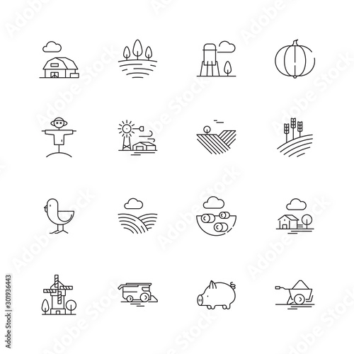 Farm icons. Agricultural objects agrarian farm fields landscape rural specific vehicle tractor vector thin line symbols. Illustration agrarian vehicle, agriculture farmland
