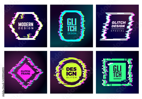 Glitch cards. Abstract distorshion frames damaged square glitched shapes geometric trendy vector forms identity templates. Color glitch frame, rhombus and round distorshion illustration