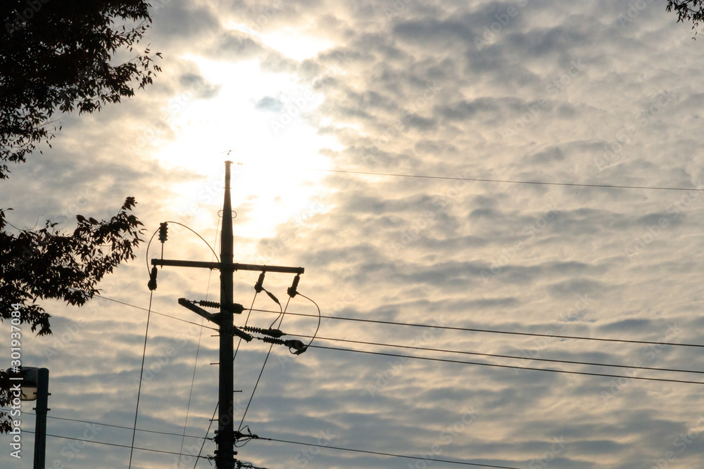 Naju-si, Jeollanam-do / South Korea - OCTOBER 17, 2019: Utility Pole wiring wires with cloud sky tree leaves Naju-si, Jeollanam-do / South Korea - OCTOBER 17, 2019: Utility Pole wiring wires with cloud sky tree leaves