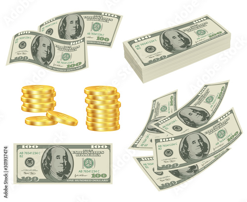 Money. Dollars cash gold prize banknotes roll cards vector realistic pictures of money. Cash dollar, currency money illustration