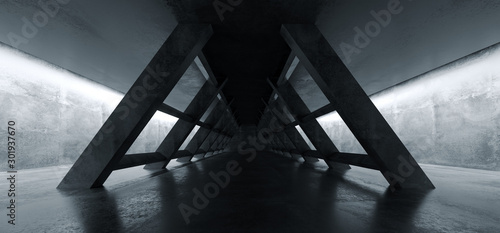 Triangle Concrete Cement Columns Underground Tunnel Sci Fi Futuristic Dark Corridor Glowing White Led Lights Reflections Garage 3D Rendering