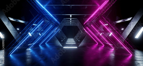 Cyber Sci Fi Futuristic Modern Spaceship Alien Club Tunnel Corridor Underground Concrete Reflections Empty Neon Led Laser Blue Purple Pylon Lights 3D Rendering