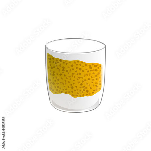 Chia seed pudding. Healthy vegan snack in glass. Vector illstration isolated on white background.