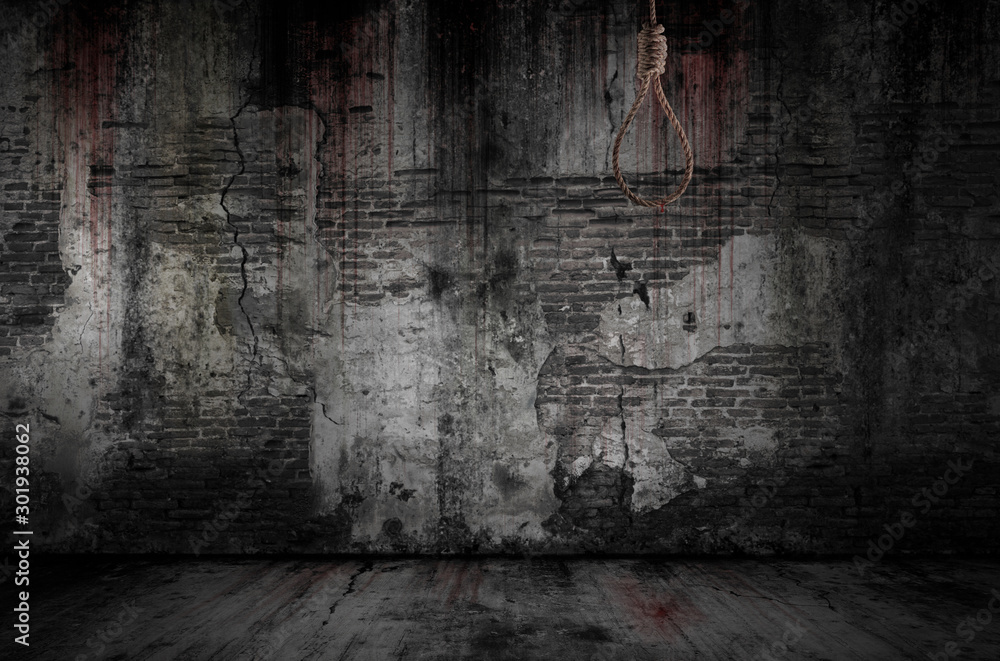 Fototapeta Rope or noose used to hang people has stains and drops of blood are stuck with bloody background scary old bricks wall and floor, concept of murder and horror