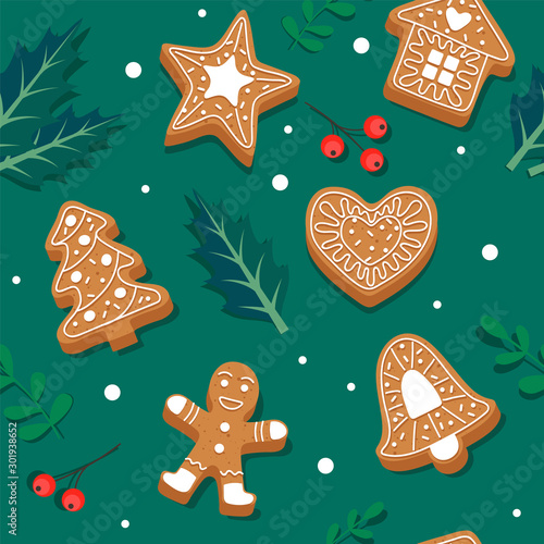 Gingerbread cookie pattern. Festive background with leaves and berries. Vector illustration in flat style