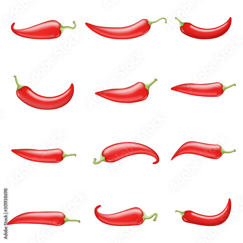 Red hot chili pepper cook ingredient raw vegetable realistic 3d design vector illustration