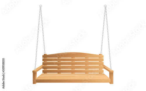 Wooden porch swing hanging on chains isolated on white background. Vector swing bench for outdoor, garden and patio