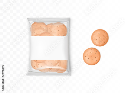 Clear plastic package with round crackers. Vector mockup with realistic cookies in packet and two biscuits isolated on transparent background