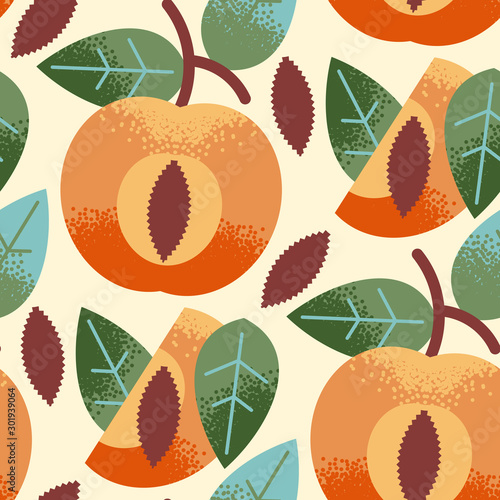 Seamless pattern of textured ripe peaches, seeds, leaves on branch