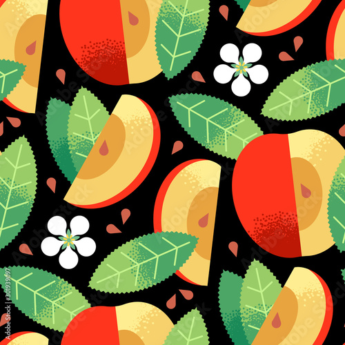 Seamless pattern of textured ripe red apples fruit, apple flower, leaves, seeds on black background
