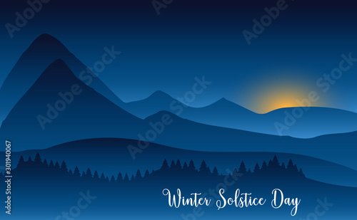 Winter solstice day in December the 21. Greeting card design template. The dark sky with sunset or sunrise. The longest night in the year.