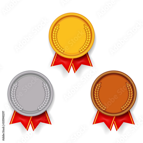 Sport award medal gold silver bronze sport 1st 2nd 3rd place red ribbon icons set vector illustration