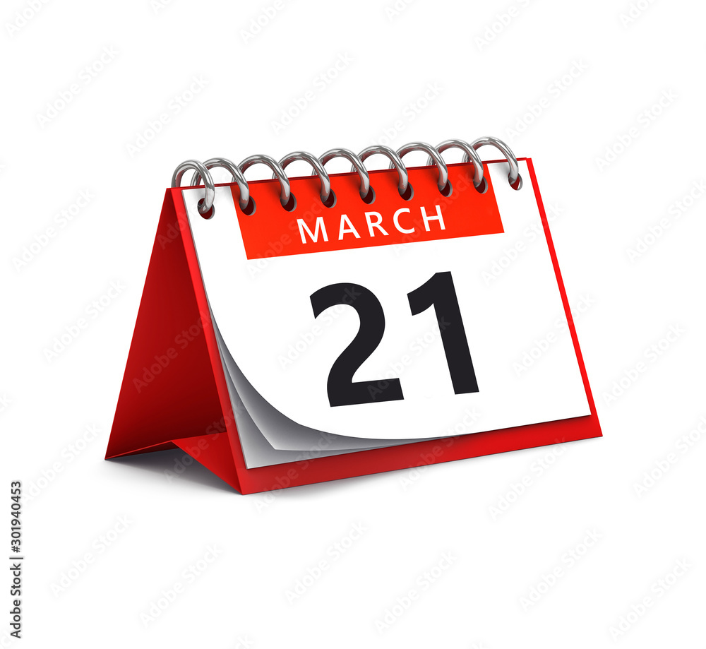 3D rendering of red desk paper spring month of March 21 date - calendar page isolated on white 3D rendering of red desk paper spring month of March 21 date - calendar page isolated on white