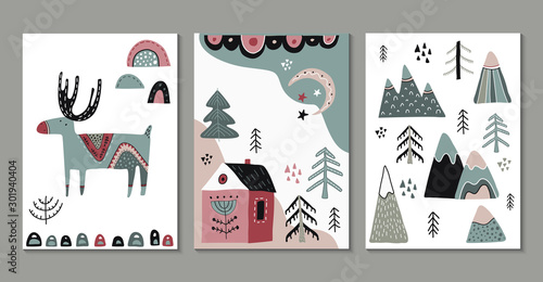 Vector set of greeting cards, posters in scandinavian style.