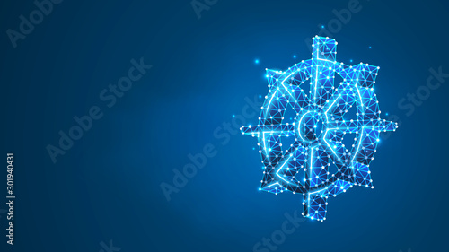 Dharma Wheel of Fortune, Spirituality, Buddhism. Steering or fate wheel. Abstract digital wireframe, low poly mesh, polygonal vector blue neon 3d illustration. Line dot