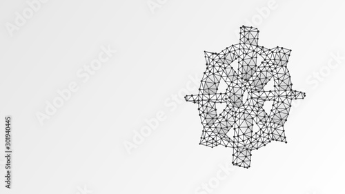 Dharma Wheel of Fortune, Spirituality, Buddhism. Steering or fate wheel. Abstract digital wireframe, low poly mesh, polygonal vector white origami 3d illustration. Line dot