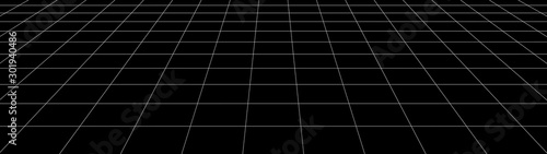 Vector perspective grid. Detailed lines on black background. Widescreen illustration.