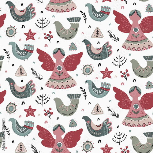 Vector Christmas seamless pattern in scandinavian style.