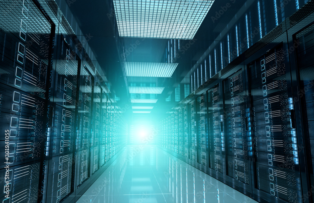 Dark servers data center room with bright halo light through the corridor 3D rendering Dark servers data center room with bright halo light through the corridor 3D rendering