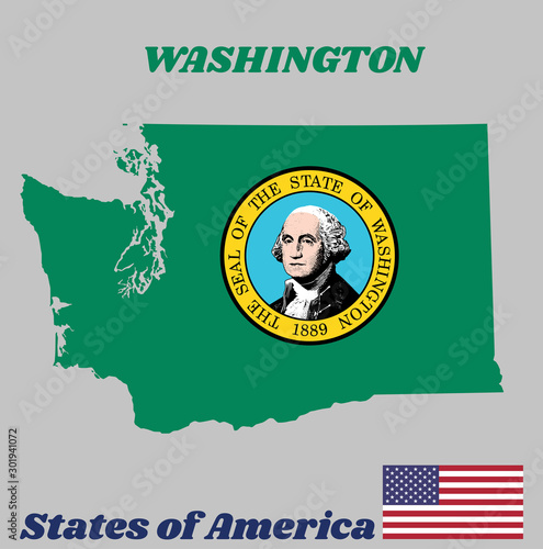 Map outline and flag of Washington, the state seal, the states of America and USA flag.
