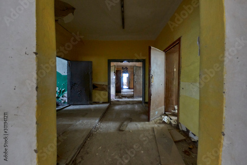 Hallway at communist abandoned soviet military base in east Germany - Secret town Russian cold war nuke site