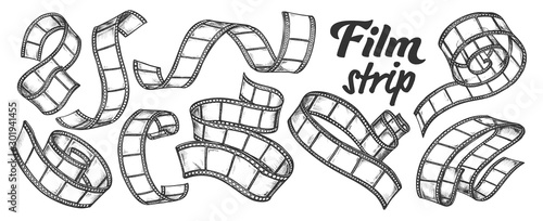 Film Strip For Camera Or Projector Ink Set Vector. Collection Of Blank Old Film Reel Ribbon In Spiral Curl And Twisted. Engraving Template Hand Drawn In Vintage Style Black And White Illustrations