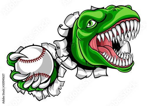 A dinosaur T Rex or raptor baseball player cartoon animal sports mascot holding a ball in its claw