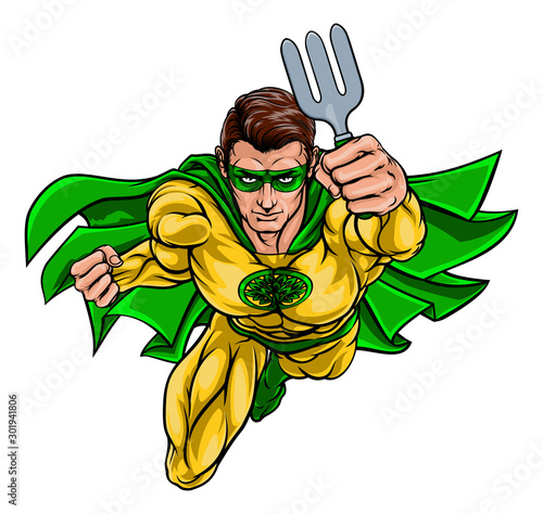 A super gardener hero or farmer superhero holding a garden fork