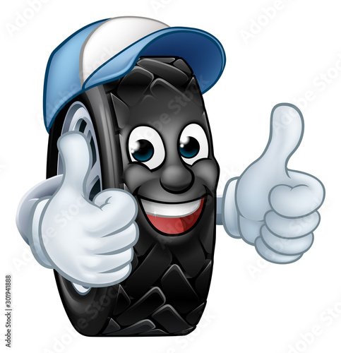 A tyre cartoon car mechanic service mascot character giving a thumbs up